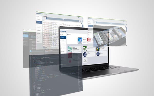 Laptop displaying Hamilton VENUS software interface with DNA Extraction workflows, alongside floating UI screens and code