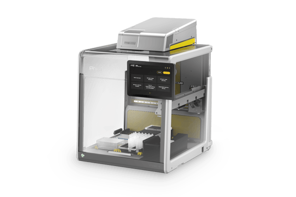Hamilton Prep automated liquid handler with touchscreen interface and module mounted on top, shown on white background