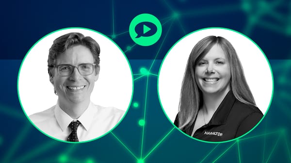 Two headshots of webinar speakers; one wearing glasses, one wearing a Hamilton-branded shirt, on a teal network background.
