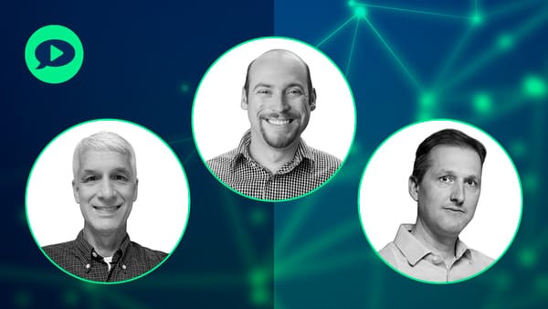 Three headshot portraits of professionals on a dark teal network graphic background
