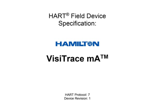 HART Field Device Specification cover page for Hamilton VisiTrace mA™, HART Protocol 7, Device Revision 1