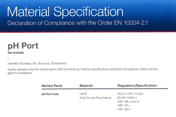 Material Specification sheet for pH Port Ref 243462, declaring HDPE wetted parts compliance per EN 10204-2.1