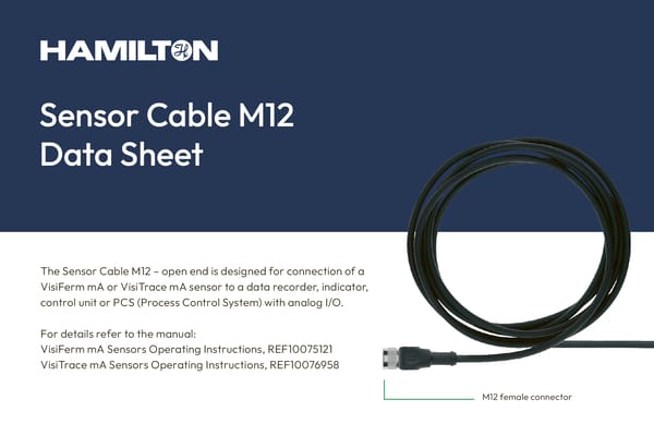 Hamilton Sensor Cable M12 data sheet cover showing a coiled black cable with an M12 female connector