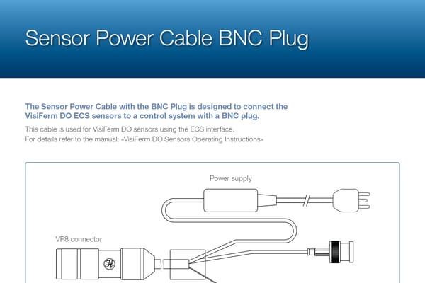 Diagram of a sensor power cable with VP8 connector, BNC plug, and inline power supply unit