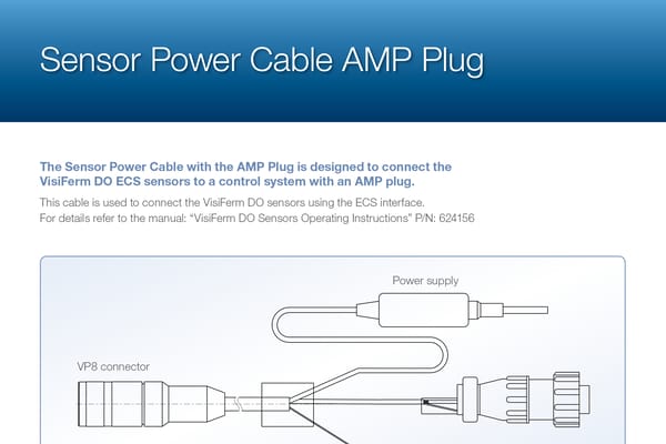 Diagram of a sensor power cable with VP8 connector, AMP plug, and inline power supply module