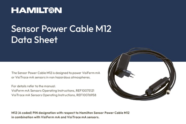 Hamilton Sensor Power Cable M12 data sheet cover showing a coiled black M12 sensor power cable with plug