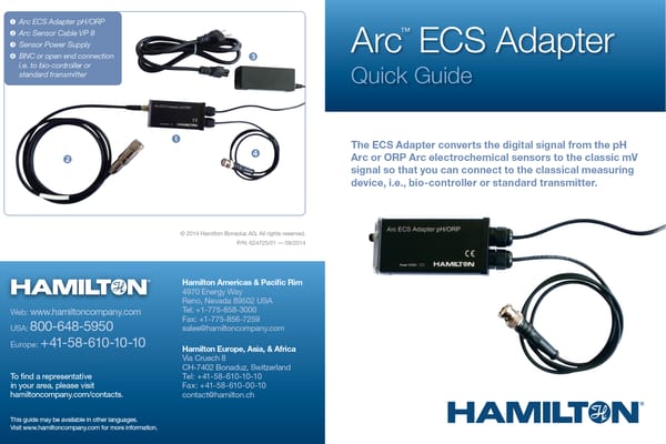 Arc ECS Adapter pH/ORP quick guide cover showing the adapter unit, sensor cable VP 8, power supply, and BNC cable connection