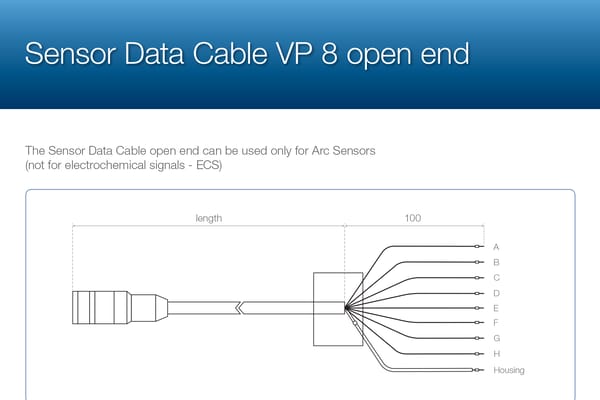 Diagram of Sensor Data Cable VP 8 open end with labeled wires A–H and Housing