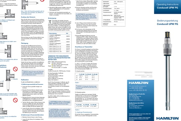 Operating instructions booklet for the Conducell UPW PG sensor, shown in English and German