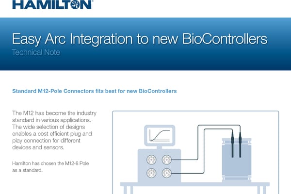 Hamilton technical note cover: "Easy Arc Integration to new BioControllers" with diagram of biocontroller connected to bioreactor vessel via M12 connectors
