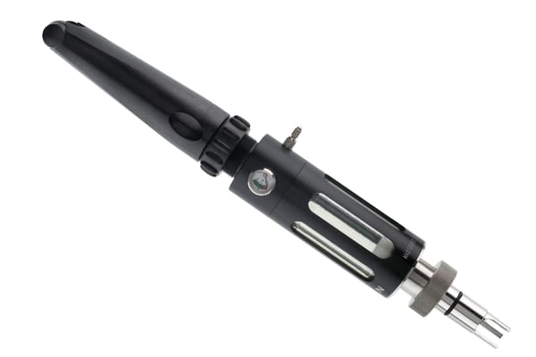 Black anodized syringe assembly with pressure gauge, fill slots, and stainless steel tip adapter