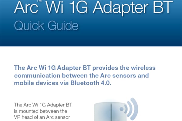 Arc Wi 1G Adapter BT Quick Guide cover with product illustration showing a small cylindrical wireless sensor adapter with signal waves