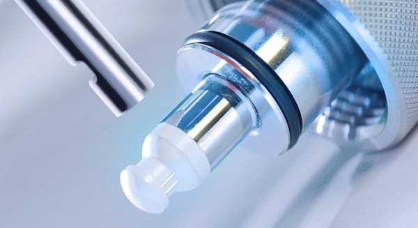 Close-up of a cylindrical optical sensor probe with glass window, O-ring seals, and white tip
