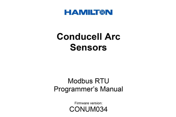 Hamilton Conducell Arc Sensors Modbus RTU Programmer's Manual cover, firmware version CONUM034
