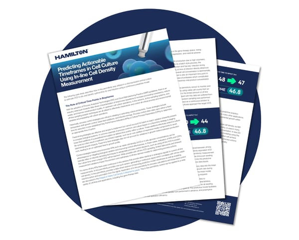 Hamilton white paper titled "Predicting Actionable Timeframes in Cell Culture Using In-line Cell Density Measurement" shown as fanned document pages