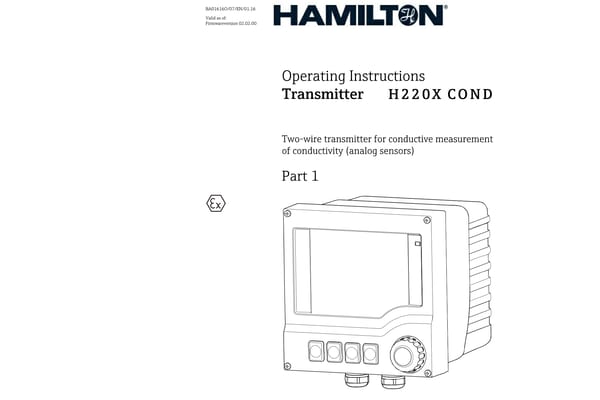 Hamilton H220X COND transmitter operating instructions cover, Part 1, showing device illustration with display and controls