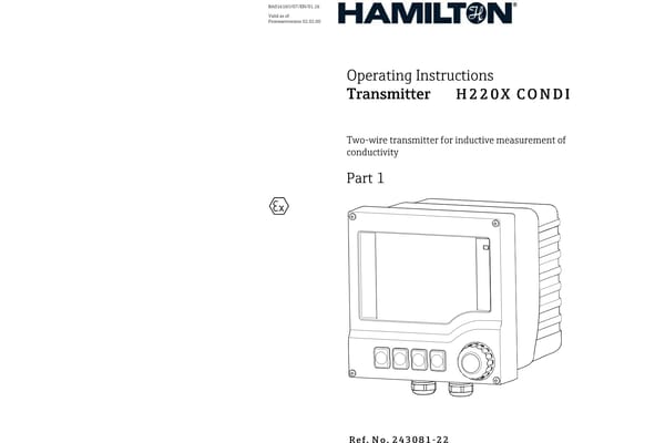 Cover page of Hamilton H220X CONDI transmitter operating instructions, Part 1, showing device illustration and ATEX Ex symbol.