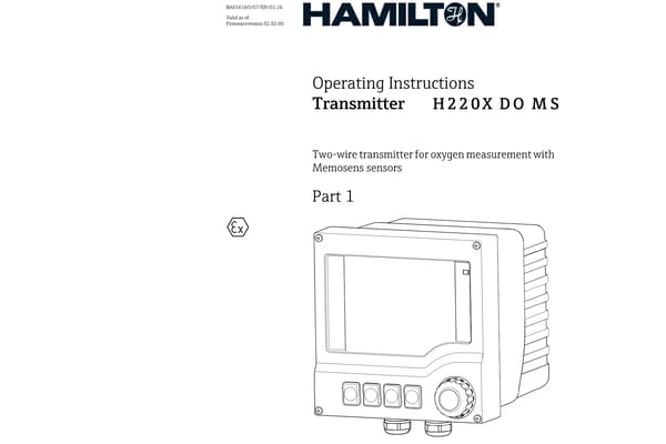 Operating instructions cover page for Hamilton H220X DO MS two-wire transmitter, showing device illustration and Ex mark