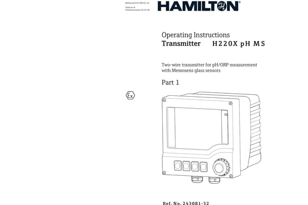 Hamilton H220X pH MS transmitter operating instructions cover page, Part 1, showing device illustration and ATEX symbol