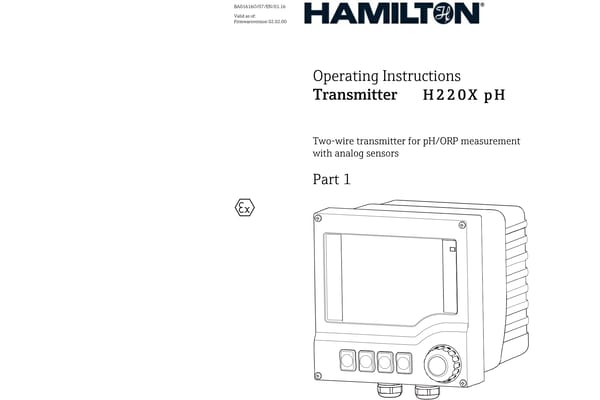 Cover page of Hamilton H220X pH transmitter operating instructions manual, Part 1, showing device illustration