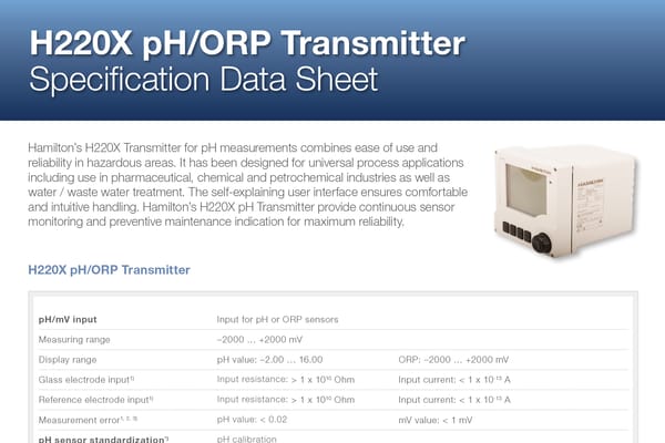 H220X pH/ORP Transmitter specification data sheet with product photo showing a white wall-mount transmitter unit with display