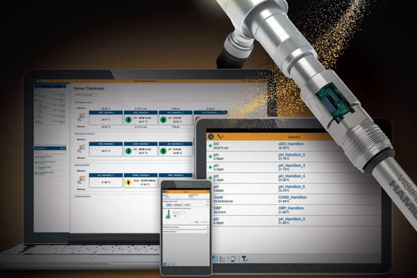 Hamilton sensor dashboard on laptop, tablet, and phone screens alongside a process analytics sensor labeled "HAMILTON"