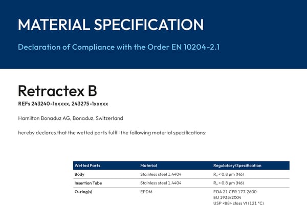 Material Specification document for Retractex B, listing wetted parts materials including stainless steel 1.4404 and EPDM