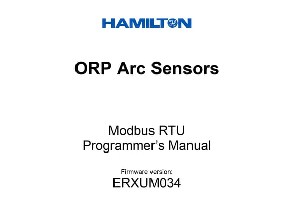 Hamilton ORP Arc Sensors Modbus RTU Programmer's Manual cover, firmware version ERXUM034