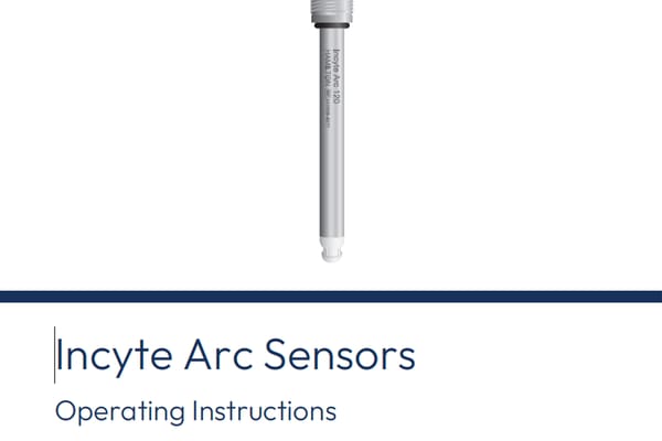 Hamilton Incyte Arc 120 biomass sensor probe with threaded fitting and white tip, with "Incyte Arc Sensors Operating Instructions" title text