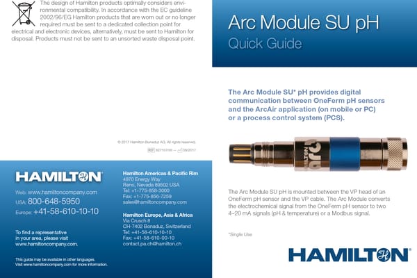 Arc Module SU pH Quick Guide cover showing product photo of a blue and silver cylindrical sensor module with Hamilton branding