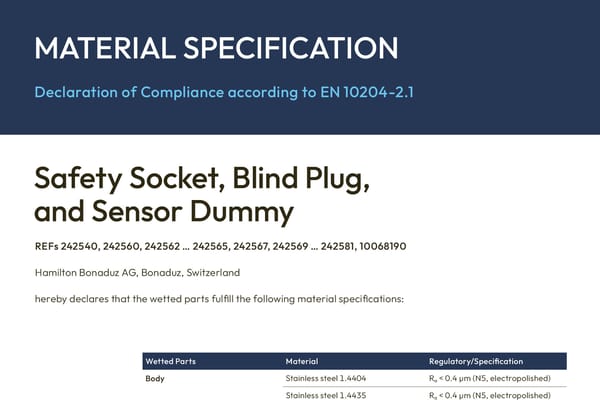 Material Specification document header for Safety Socket, Blind Plug, and Sensor Dummy by Hamilton Bonaduz AG