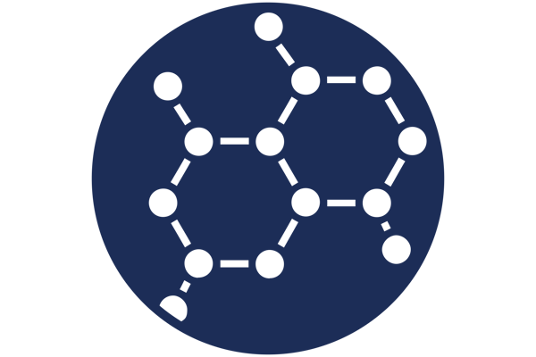 Icon of two interconnected hexagonal molecular structures on a dark blue circular background