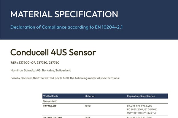 Material Specification sheet for Conducell 4US Sensor, REFs 237700-OP, 237750, 237760, listing wetted parts and PEEK material compliance with FDA and USP regulations.
