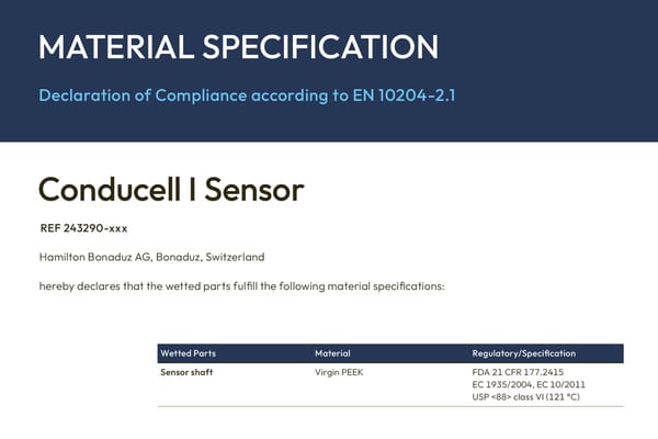 Material Specification sheet for Conducell I Sensor (REF 243290-xxx) listing Virgin PEEK sensor shaft with FDA, EC, and USP compliance