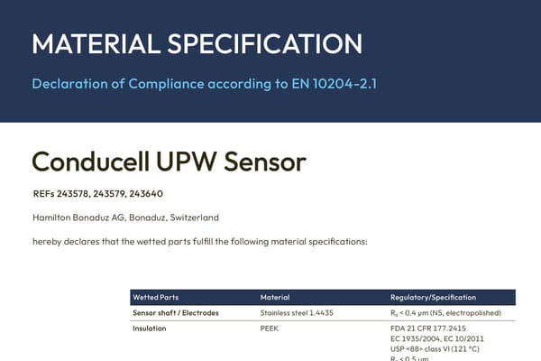 Material specification sheet for Conducell UPW Sensor listing wetted parts, materials, and regulatory compliance data