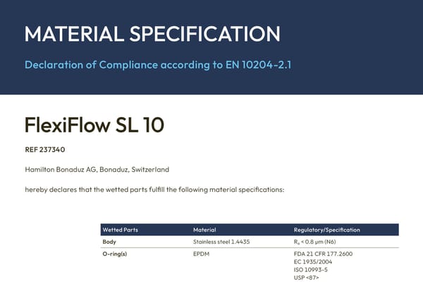Material specification sheet for FlexiFlow SL 10, REF 237340, listing wetted parts, materials, and regulatory compliance.
