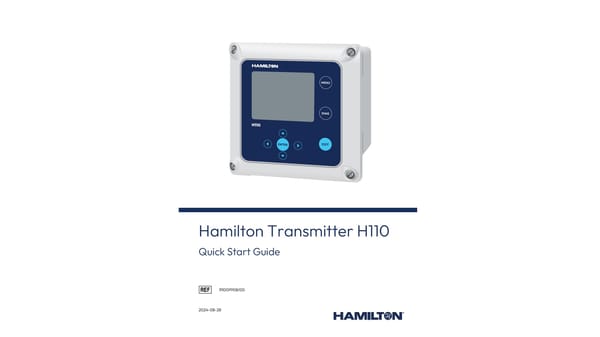 Hamilton Transmitter H110 Quick Start Guide cover showing the H110 transmitter unit with display screen and navigation buttons