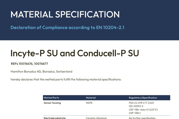 Material Specification document for Incyte-P SU and Conducell-P SU sensors, REFs 10076676 and 10076677