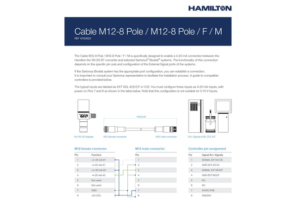 Datasheet for Hamilton Cable M12-8 Pole/M12-8 Pole/F/M (REF 10153523) showing pin assignment tables for M12 female, M12 male, and controller connectors, with diagrams of the Arc Wi 2G adapter, cable, and Sartorius Biostat external signal ports.