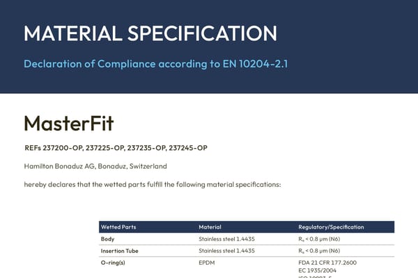 Material Specification document for MasterFit, Declaration of Compliance per EN 10204-2.1, listing wetted parts materials