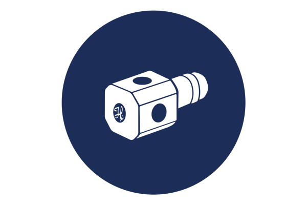 Isometric icon of a square-body fluid fitting with a barbed connector and two port openings