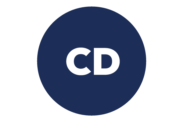 Dark navy circle with white bold letters "CD" centered