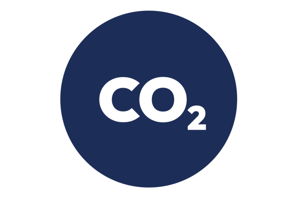 CO₂ icon: white text on a dark navy circle background