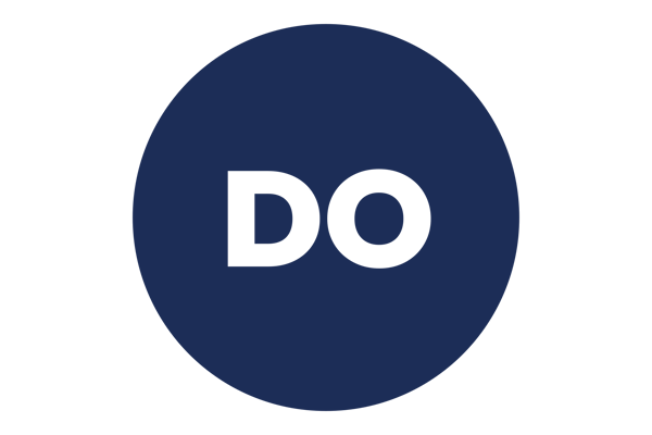 Navy blue circle with bold white text reading "DO"