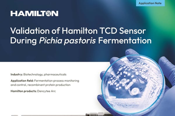 Hamilton application note cover: gloved hands holding a petri dish with microbial colonies; title reads "Validation of Hamilton TCD Sensor During Pichia pastoris Fermentation"