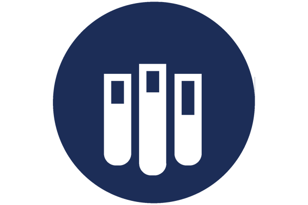 Icon of three test tubes on a dark navy circular background
