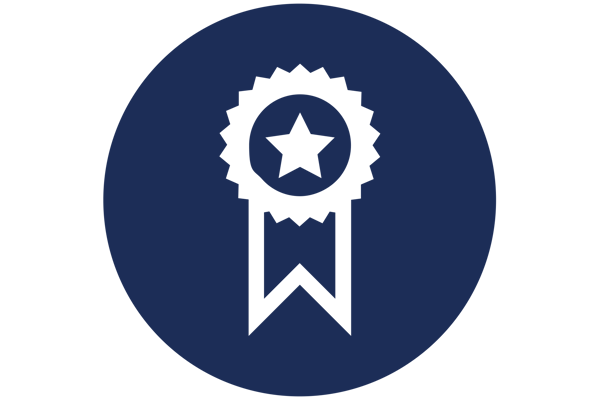 Award ribbon icon with star center and V-notched ribbons on navy circle background