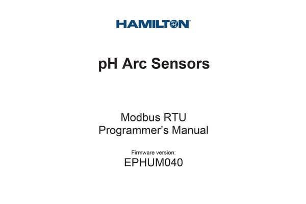 Hamilton pH Arc Sensors Modbus RTU Programmer's Manual cover, firmware version EPHUM040