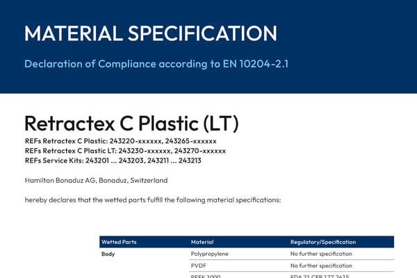 Material Specification document for Retractex C Plastic (LT) by Hamilton Bonaduz AG, listing wetted parts and materials