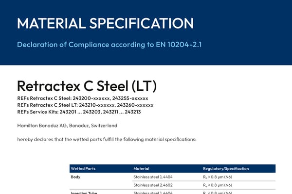 Material Specification sheet for Retractex C Steel (LT) by Hamilton Bonaduz AG, showing wetted parts table with stainless steel grades